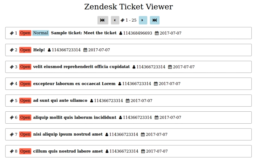 The index page of the ticket viewer app, displaying a list of dummy tickets. It's not pretty, but that wasn't the object of the exercise.