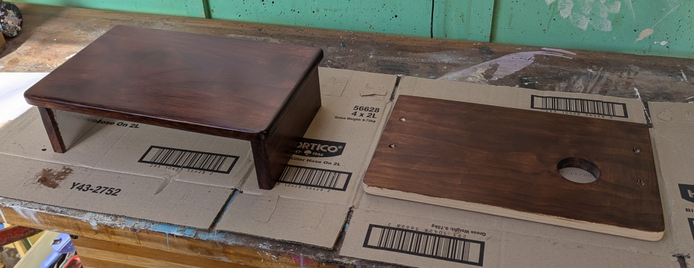 The pieces during varnishing. You can see I got a lot of brush marks in the first couple of coats and it took a couple more to get it looking like I wanted it to.