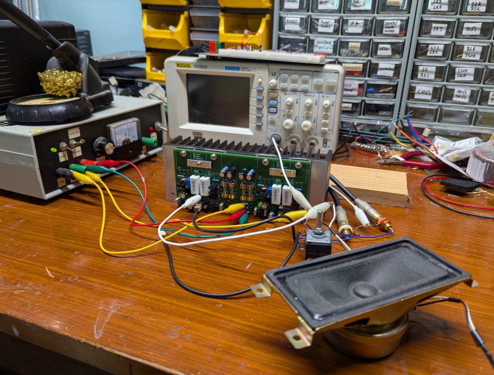 First sound test of the amplifier. Having an old crappy speaker available for testing is always a good idea; you don't want to accidentally blow up something valuable.