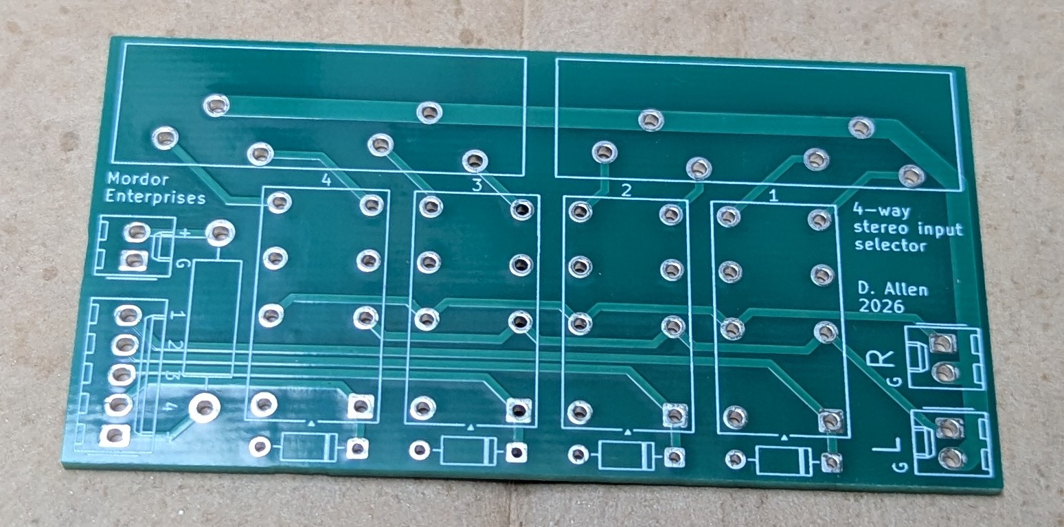 The bare PCB. The power and selector headers are on the left, with the analogue stereo output headers on the right.
