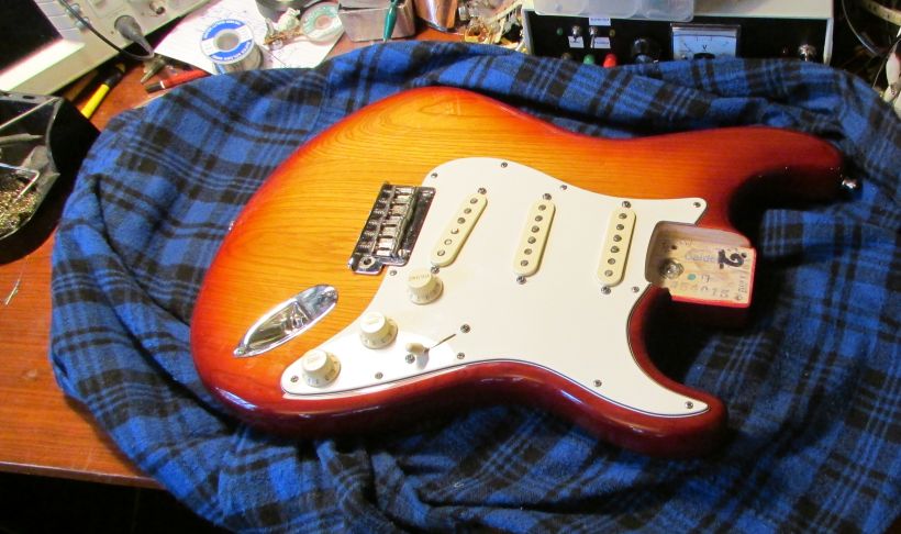 stratocaster on the bench ready for modification