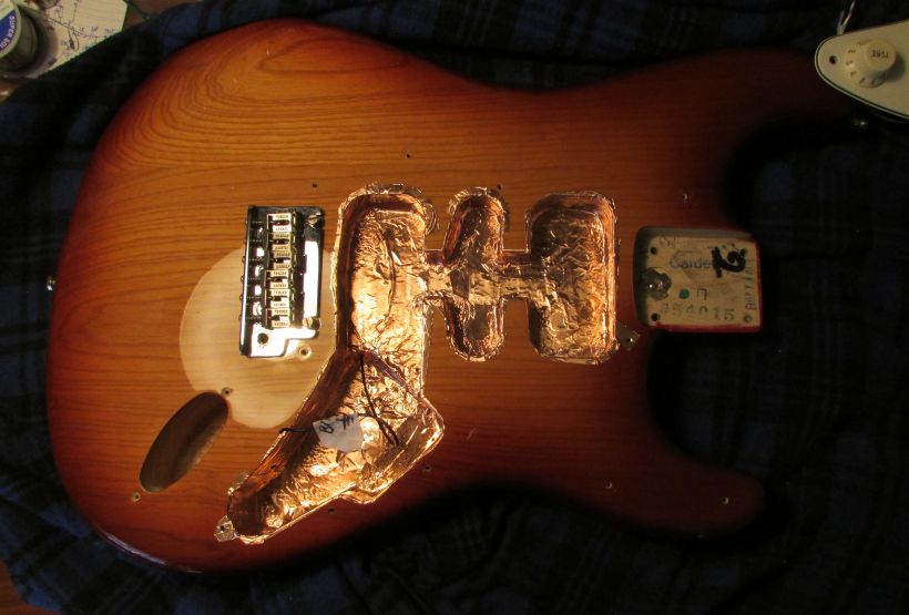 stratocaster with copper foil shielding applied